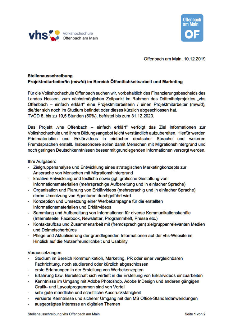 Stellenausschreibung vhs offenbach am main