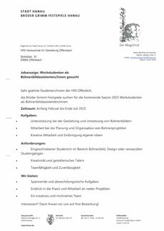 Stellenanzeige werkstudent buehnenbildassistent