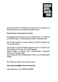 Stellenanzeige schauspiel frankfurt kameramann kamerafrau  m w d