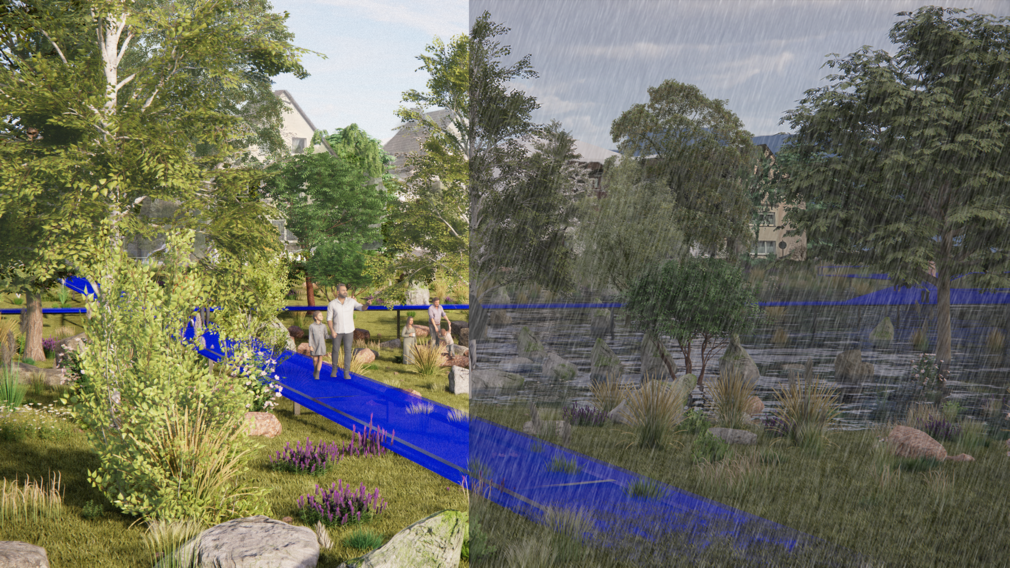 Ansicht gruenflaeche anlagenring sonnig und regen